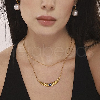 304 Stainless Steel Pave Natural Lapis Lazuli New Moon Pendant Necklaces NJEW-H071-01G-1