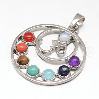 Chakra Jewelry Brass Gemstone Flat Round Pendants KK-J298-07-NR-1
