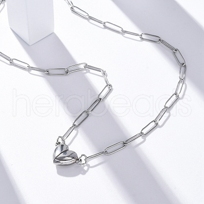 304 Stainless Steel Double-Sided Magnetic Heart Pendant Paperclip Chain Necklaces NJEW-U028-02P-1