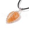 Natural Red Aventurine Leaf Cage Pendant Necklace with Waxed Cords NJEW-TA00035-01-4