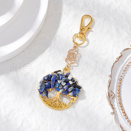 Natural Lapis Lazuli Chips Beads & Alloy Tree of Life Pendant Decorations HJEW-JM03129-02-1