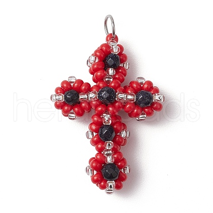 Glass Seed Beaded Cross Pendants PALLOY-MZ00642-02-1