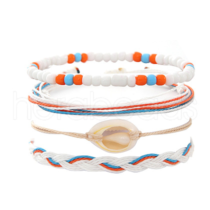 4Pcs Shell Shape Resin & Natural Shell & Wax Cord Braided Bead Bracelets Set FS-WG10F8B-10-1