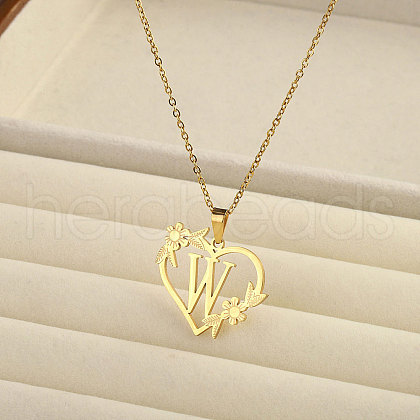 201 Stainless Steel Flower Heart Initial Pendant Necklaces for Women FS-WG08285-09-1