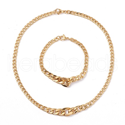 Men's PVD Vacuum Plating 304 Stainless Steel Graduated Cuban Link Chain Necklaces & Bracelets Jewelry Sets SJEW-I207-01G-1
