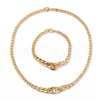 Men's Vacuum Plating 304 Stainless Steel Graduated Cuban Link Chain Necklaces & Bracelets Jewelry Sets SJEW-I207-01G-1