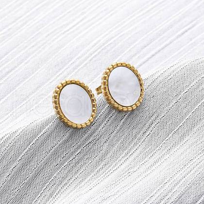 304 Stainless Steel Natural White Shell Stud Earrings EJEW-Z103-02G-02-1