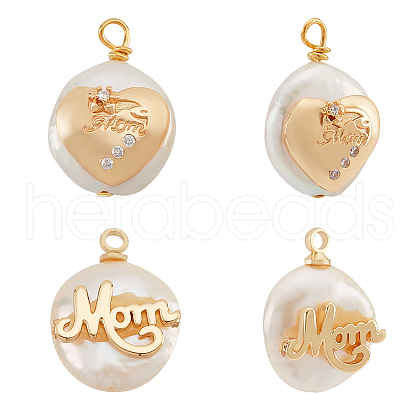  4Pcs 2 Styles Mother's Day Theme Natural Cultured Freshwater Pearl Pendants PEAR-NB0001-82-1