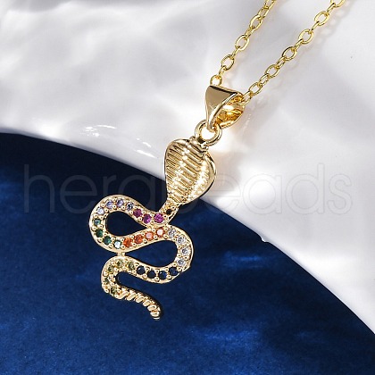 Brass Micro Pave Colorful Cubic Zirconia Snake Pendant Necklaces NJEW-S438-02H-G-1
