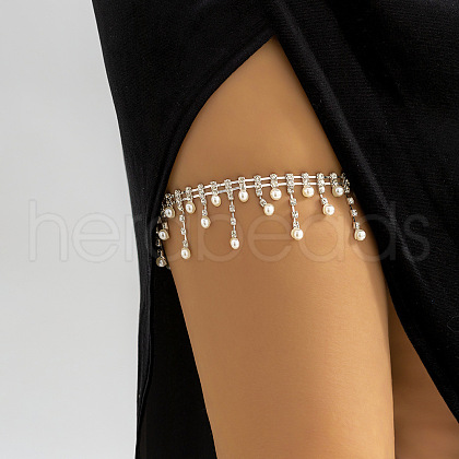 Alloy Crystal Rhinestone & Plastic Pearl Tassel Elastic Tape Layered Round Tassel Leg Chains FS-WG04B60-07-1