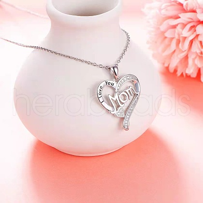 Mother's Day Brass Micro Pave Clear Cubic Zirconia I Love You Mom Heart Pendant Necklaces for Women NJEW-C085-01D-P-1