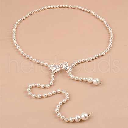 White Plastic Imitation Pearl Round Beaded Tassel Chain Belts for Dress FS-WGDCF9E-05-1