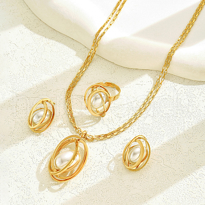 Elegant Stainless Steel Hollow Oval Earrings & Necklaces & Rings Set for Women GE9857-1
