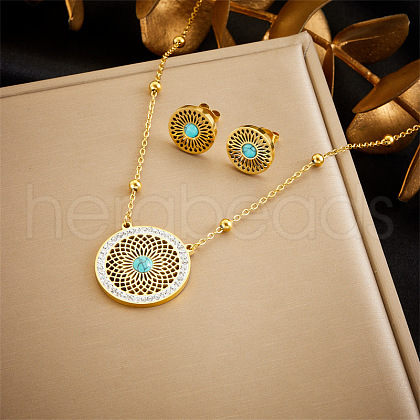 304 Stainless Steel & Synthetic Turquoise & Rhinestone Stud Earrings & Pendant Necklaces Sets FS-WG392A2-01-1