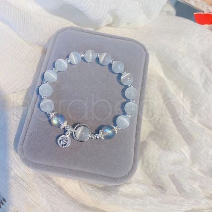 Bell Alloy & Cat Eye & Natural Moonstone Round Beaded Charm Bracelets for Women WG9D4EC-09-1