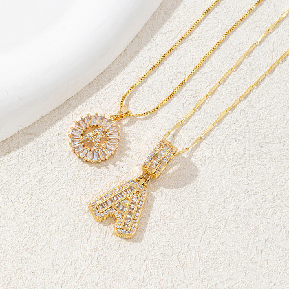2Pcs 2 Styles Brass Pave Clear Cubic Zirconia Initial Pendant Necklace Sets FS-WGBC393-01-1