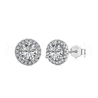 Rhodium Plated 925 Sterling Silver Micro Pave Cubic Zirconia Ear Studs for Women EJEW-P231-61P-1