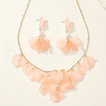 Petal Resin Charm & Alloy Pendant Necklaces & Stud Dangle Earring Sets FS-WG0777B-03-1