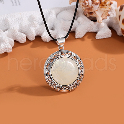 Alloy Pave Natural Shell Flat Round Pendant Waxed Cord Necklaces for Women FS-WG4C67D-04-1