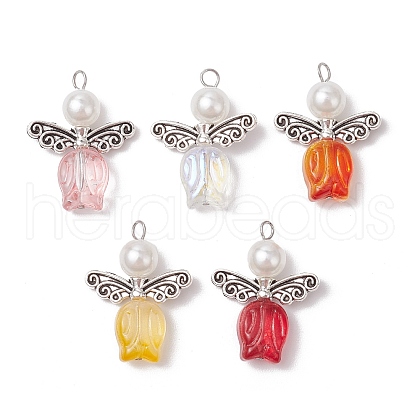 Transparent Glass Beads with Alloy Beads and ABS Plastic Imitation Pearl Round Beads and 304 Stainless Steel Flat Head Pins Pendants PALLOY-JF03621-1