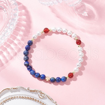 Shell Pearl Bead & Dyed Natural Lapis Lazuli & Carnelian Round Beaded Bracelets for Women BJEW-JB11937-03-1