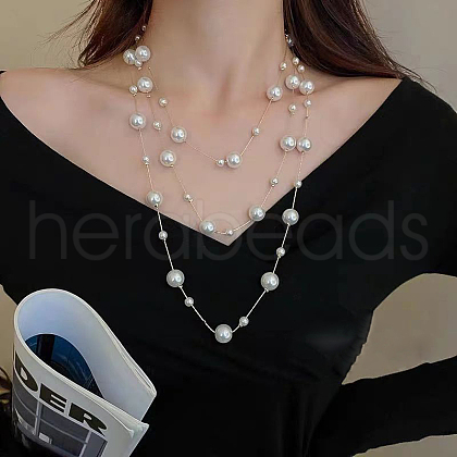 Wrap Style Alloy & Plastic Imitation Pearl Round Beads Link Chain Long Necklaces for Women FS-WGD2267-08-1