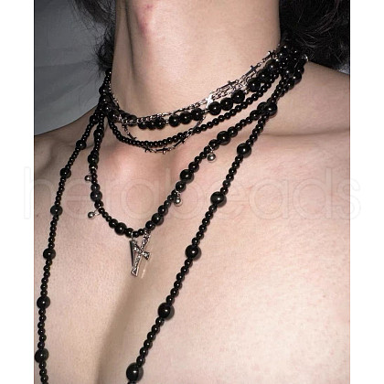 Gothic Cross Pendant Brass & Plastic Imitation Pearl Round Beaded Multilayer Choker Necklaces for Women FS-WGAF1A7-02-1