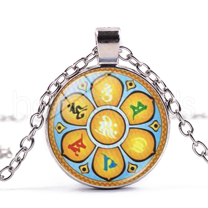 7 Chakra Glass Pendant Necklace CHAK-PW0001-019A-1