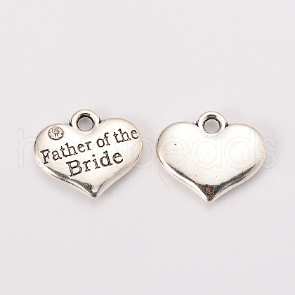 Wedding Theme Antique Silver Tone Tibetan Style Alloy Heart with Father of the Bride Rhinestone Charms TIBEP-N005-19C-1