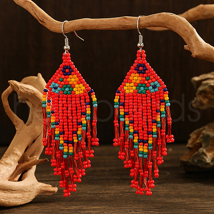 Bohemian Style Handmade Earrings with Glass Beads and Tassels QT0672-6-1