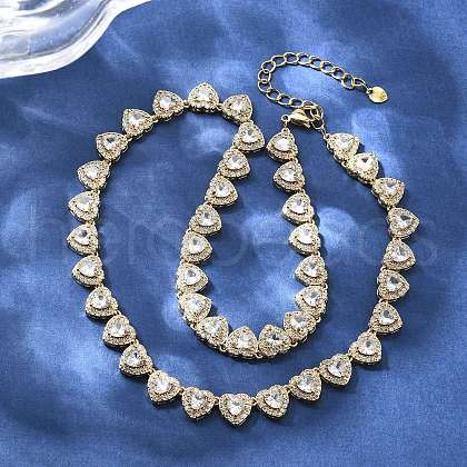 Brass Clear Cubic Zirconia Heart Link Chain Necklaces for Women NJEW-H057-02G-1