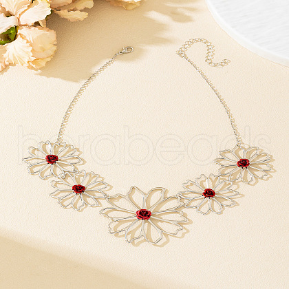 5 Flower Alloy Dark Red Enamel Bib Necklaces for Women FS-WGC9151-01-1