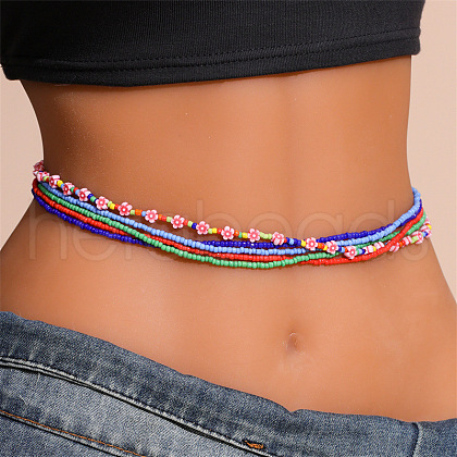 Flower Glass Seed Beaded Stretch Multi-Layered Waist Belly Chains for Bikini FS-WGAC619-02-1