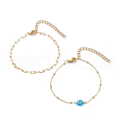 2Pcs 2 Style Brass Paperclip Chains & 304 Stainless Steel Satellite Chains Bracelets Set BJEW-JB08620-02-1