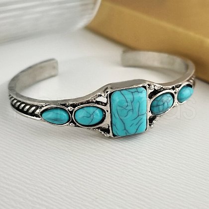 Square Alloy Synthetic Turquoise Cuff Bangles for Women WGCD943-02-1