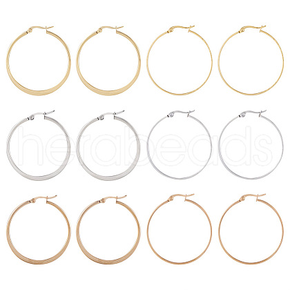  6 Pairs 6 Style 304 Stainless Steel Flattened Big Hoop Earrings for Women STAS-TA0001-89-1
