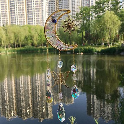Natural Fluorite Chip & Metal Moon Hanging Suncatchers PW-WG15083-07-1