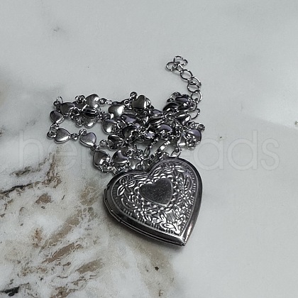 201 Stainless Steel Flower Embossed Heart Locket Pendant Necklaces FS-WG7690C-02-1