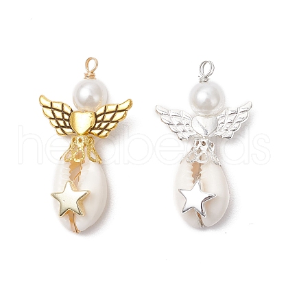 2Pcs 2 Colors Natural Cowrie Shell Copper Wire Wrapped Angel Pendants PALLOY-JF03662-01-1