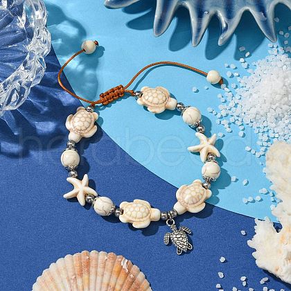Starfish & Turtle Synthetic Turquoise Braided Beaded Bracelets BJEW-JB10926-04-1