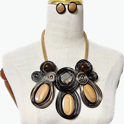 Aluminum Wire Wrapped Resin Beaded Oval Pendant Necklaces & Flat Round Stud Earrings Sets WG92AA6-01-1