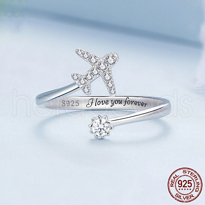 Airplane & Flower Rhodium Plated 925 Sterling Silver Micro Pave Clear Cubic Zirconia Cuff Rings for Women FS-WGB9FE4-03-1