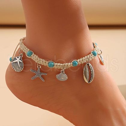 Bohemian Style Sea Animal Alloy Charms Synthetic Turquoise & Cotton Cord Braided Anklets FS-WGB3C8E-02-1