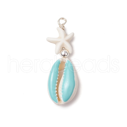 Cowrie Shell Enamel & Synthetic Turquoise Starfish Pendants PALLOY-JF03406-02-1