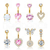 8Pcs 8 Styles 316L Surgical Stainless Steel Cubic Zirconia Heart Butterfly Curved Barbell Belly Rings Sets WG47019-01-4