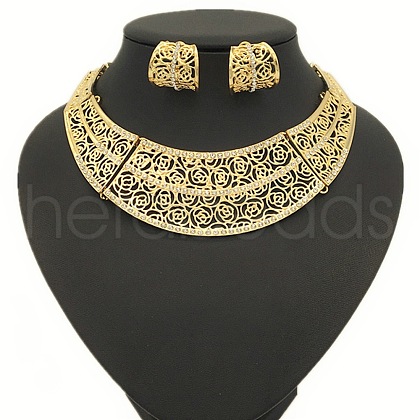 Rose Pattern Alloy Crystal Rhinestone Pendant Necklaces & Hoop Earrings Sets FS-WGA3BB3-01-1