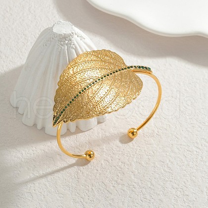 Leaf 304 Stainless Steel Cuff Bangles BJEW-V009-02G-1