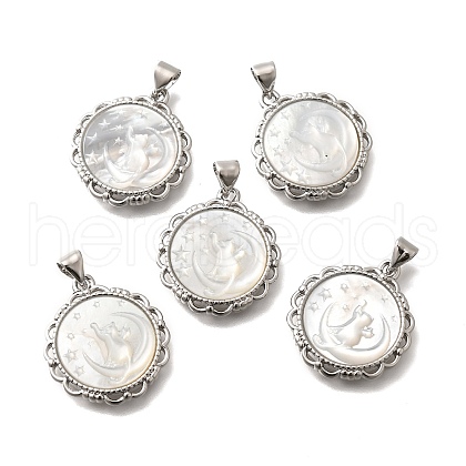 Brass with Natural Shell Carved Pendants KK-Z091-04P-02-1