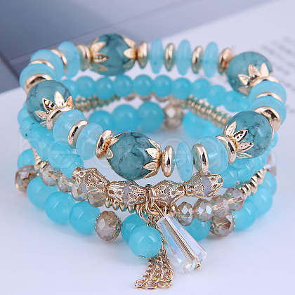 4Pcs 4 Styles Bohemian Style Alloy Glass Round Beaded Stretch Bracelets FS-WG80D8B-11-1