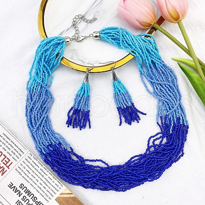Bohemian Style Acrylic Seed Beaded Multilayer Necklaces & Tassel Dangle Earrings Sets FS-WG5C0BD-06-1